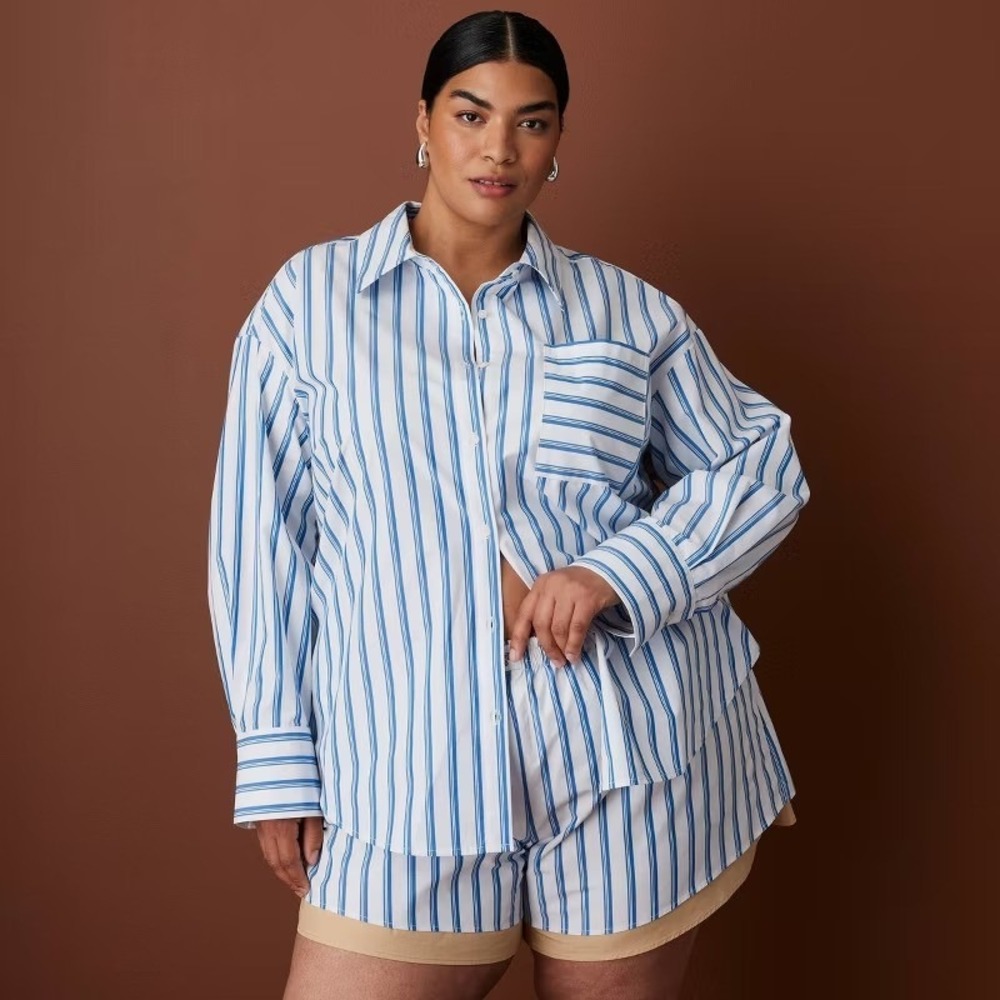 Rosie Assoulin Target L Large LS Oversized Poplin Button-Down Striped Shirt Blue - Picture 7 of 11